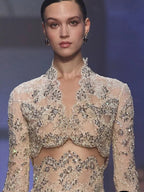 Luxury Nude High Neck Cut Out Beaded Lace A-Line Dress LA73857