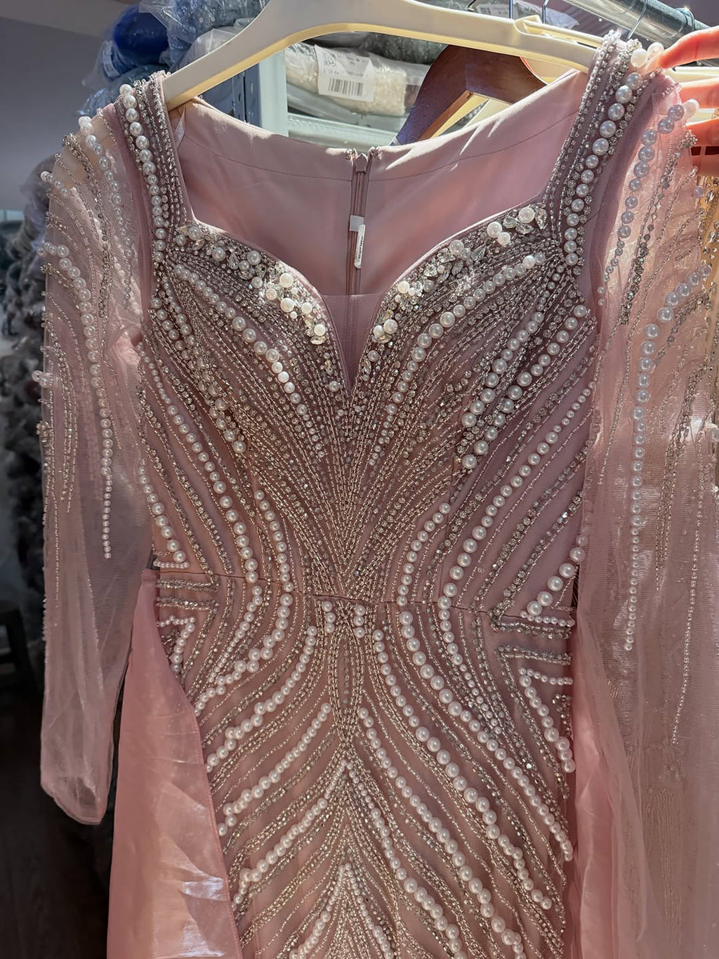 Luxury Nude Long Sleeve Pearl Beaded Mermaid Evening Dress LA73858