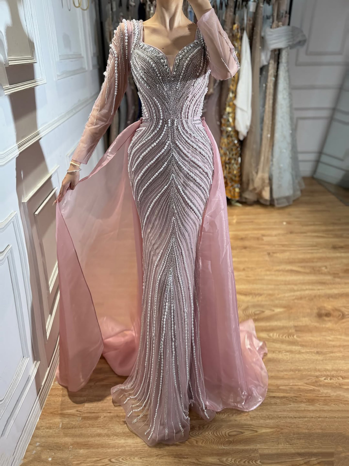 Luxury Nude Long Sleeve Pearl Beaded Mermaid Evening Dress LA73858