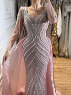 Luxury Nude Long Sleeve Pearl Beaded Mermaid Evening Dress LA73858