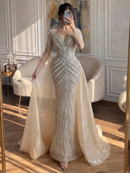 Luxury Nude Long Sleeve Pearl Beaded Mermaid Evening Dress LA73858