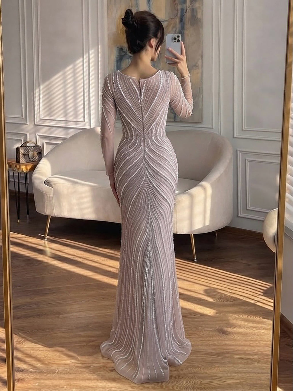 Luxury Nude Long Sleeve Pearl Beaded Mermaid Evening Dress LA73858