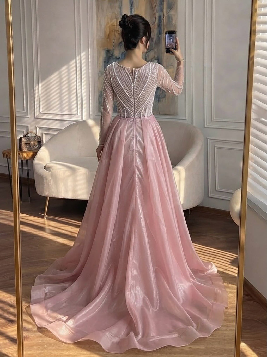 Luxury Nude Long Sleeve Pearl Beaded Mermaid Evening Dress LA73858