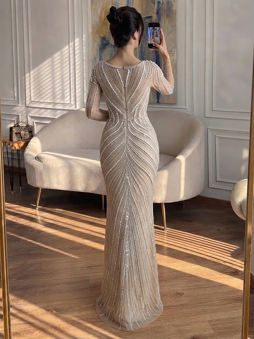 Luxury Nude Long Sleeve Pearl Beaded Mermaid Evening Dress LA73858