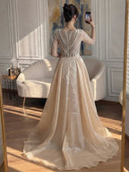 Luxury Nude Long Sleeve Pearl Beaded Mermaid Evening Dress LA73858