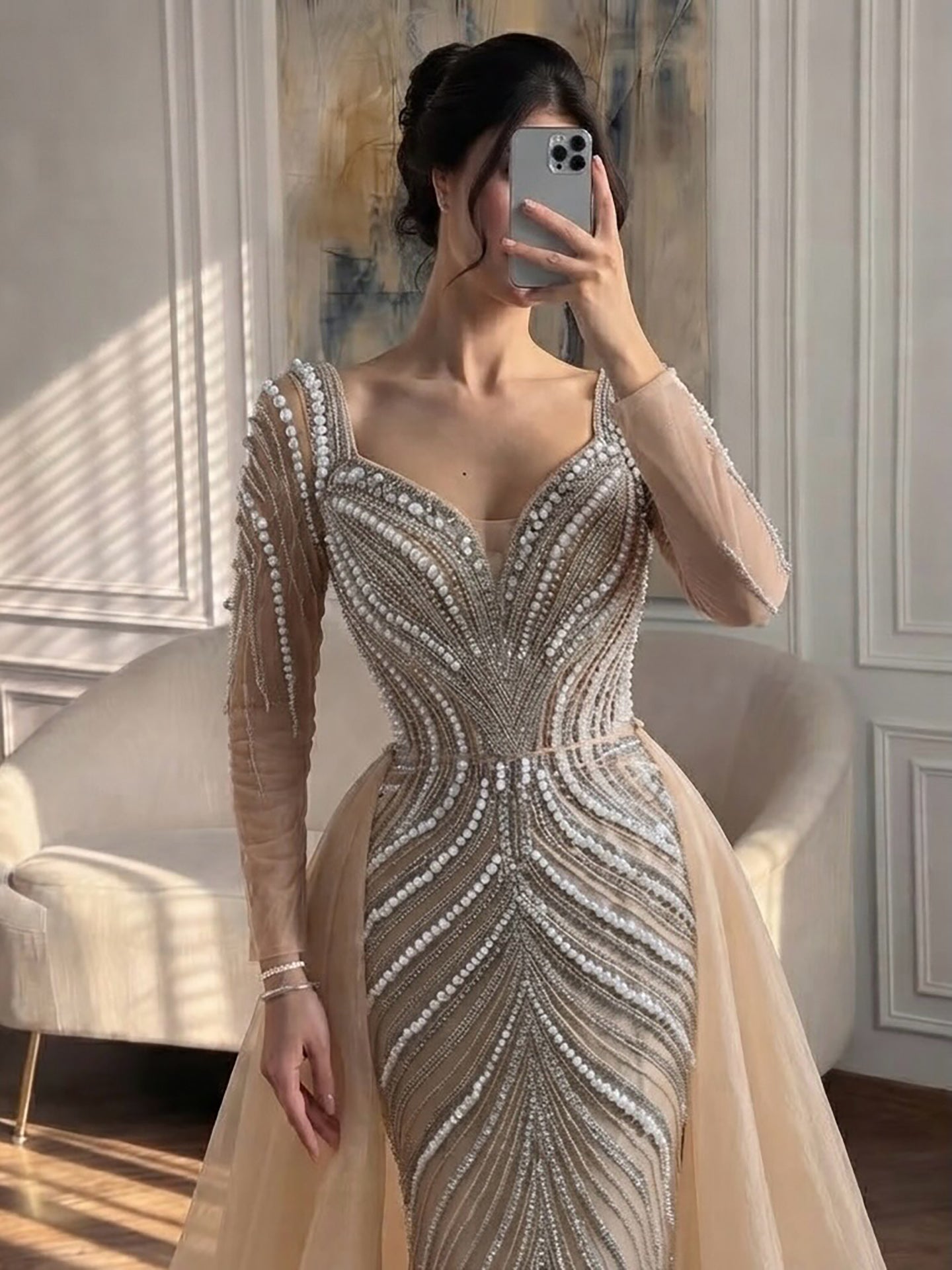 Luxury Nude Long Sleeve Pearl Beaded Mermaid Evening Dress LA73858