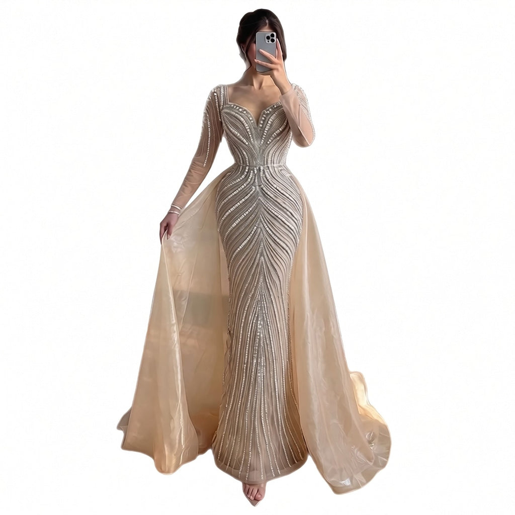 Luxury Nude Long Sleeve Pearl Beaded Mermaid Evening Dress LA73858