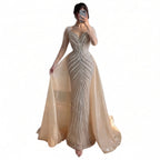 Luxury Nude Long Sleeve Pearl Beaded Mermaid Evening Dress LA73858