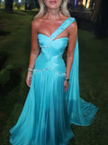 Luxury Aqua Blue One Shoulder Beaded Ruched Chiffon Dress LA73860