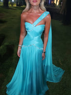 Luxury Aqua Blue One Shoulder Beaded Ruched Chiffon Dress LA73860