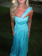 Luxury Aqua Blue One Shoulder Beaded Ruched Chiffon Dress LA73860