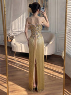 Luxury Gold Off the Shoulder Crystal Beaded Fringe Evening Dress LA73861