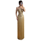 Luxury Gold Off the Shoulder Crystal Beaded Fringe Evening Dress LA73861