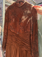 Luxury Coffee Muslim Long Sleeve Beaded Lace A Line Dress LA73862