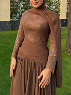 Luxury Coffee Muslim Long Sleeve Beaded Lace A Line Dress LA73862