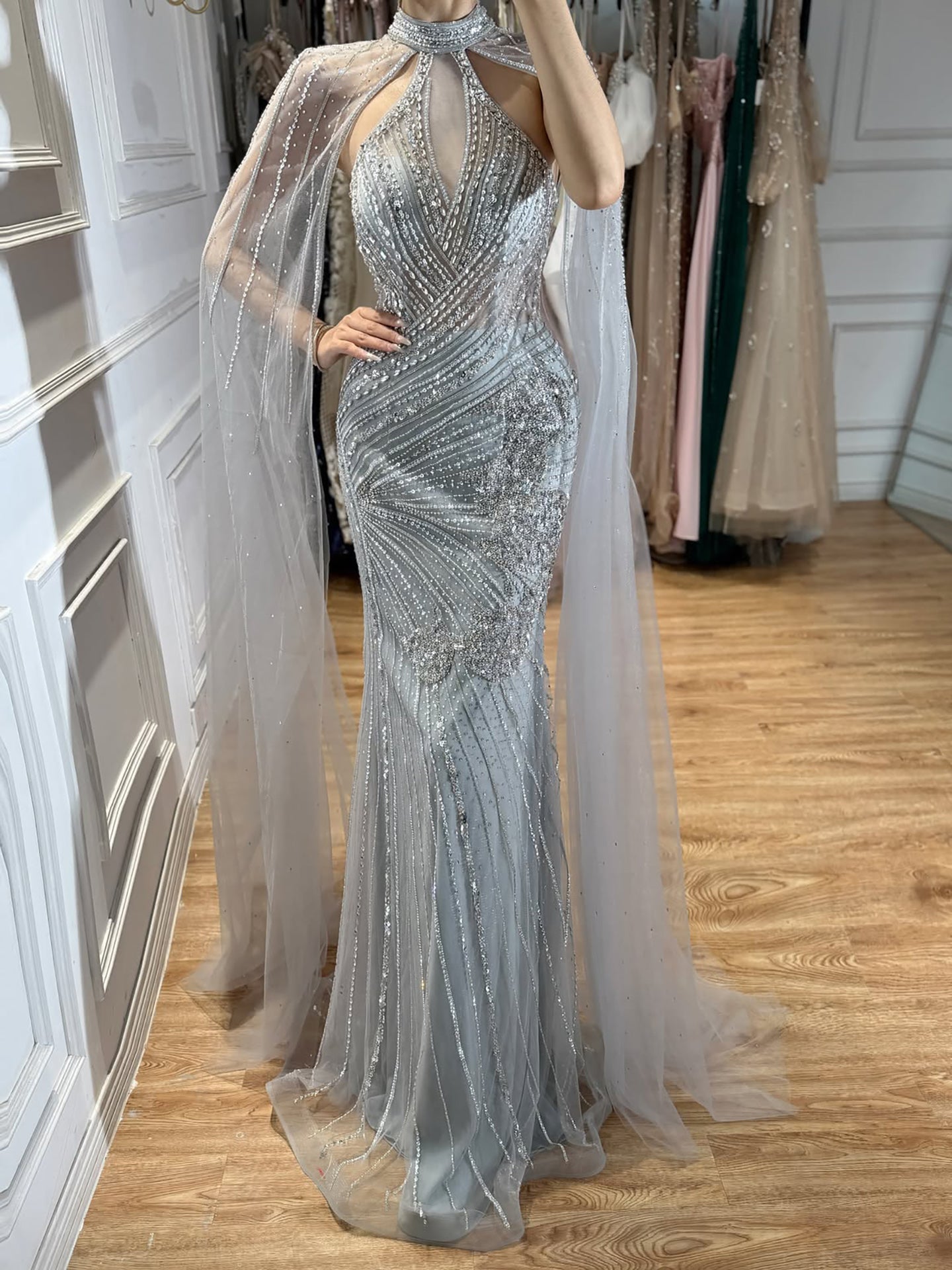 Luxury Nude Crystal Beaded Cape Sleeves Mermaid Evening Dress LA73863
