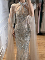 Luxury Nude Crystal Beaded Cape Sleeves Mermaid Evening Dress LA73863
