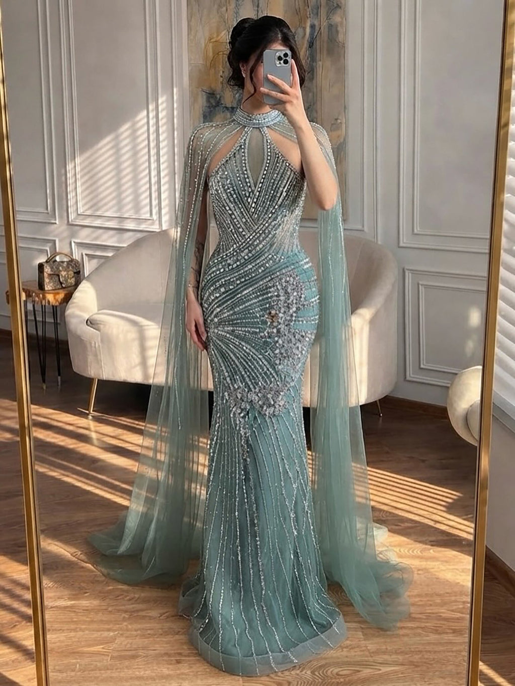 Luxury Nude Crystal Beaded Cape Sleeves Mermaid Evening Dress LA73863