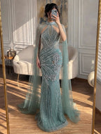 Luxury Nude Crystal Beaded Cape Sleeves Mermaid Evening Dress LA73863