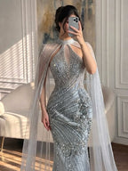 Luxury Nude Crystal Beaded Cape Sleeves Mermaid Evening Dress LA73863