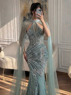 Luxury Nude Crystal Beaded Cape Sleeves Mermaid Evening Dress LA73863