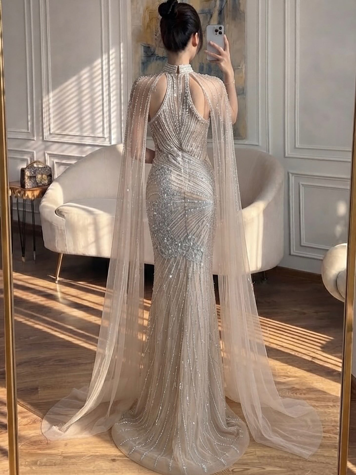 Luxury Nude Crystal Beaded Cape Sleeves Mermaid Evening Dress LA73863