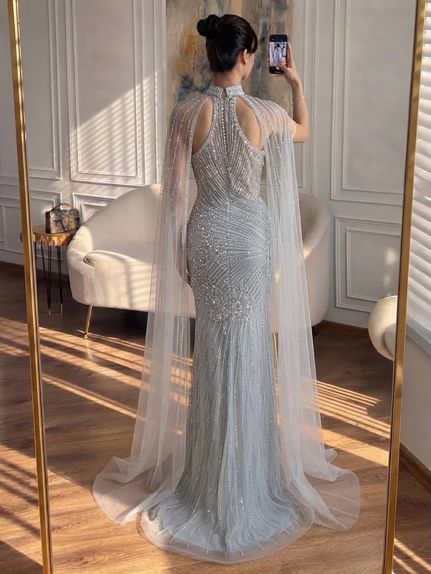 Luxury Nude Crystal Beaded Cape Sleeves Mermaid Evening Dress LA73863