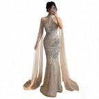 Luxury Nude Crystal Beaded Cape Sleeves Mermaid Evening Dress LA73863