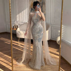 Luxury Nude Crystal Beaded Cape Sleeves Mermaid Evening Dress LA73863