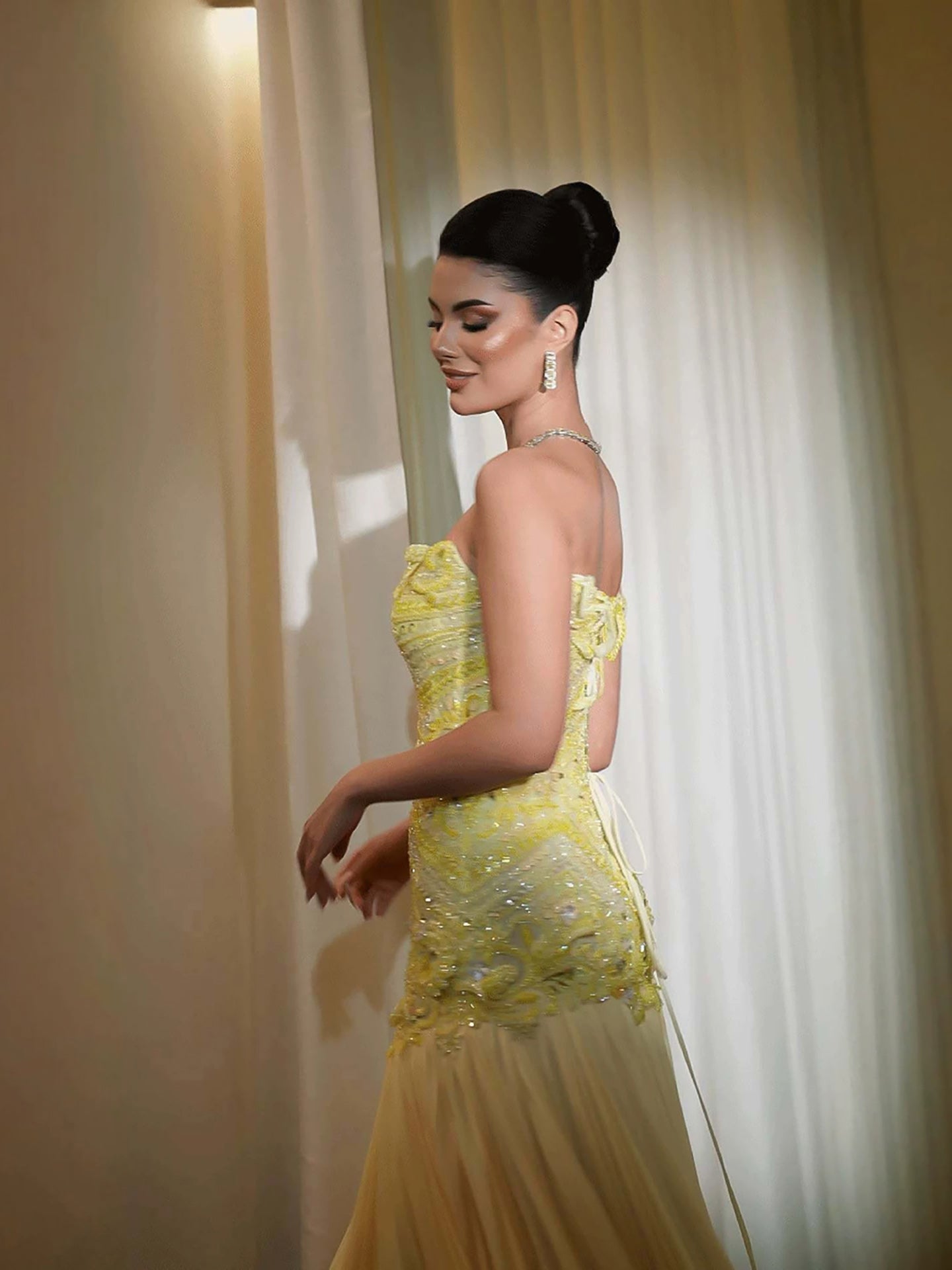 Luxury Yellow Strapless Beaded Longline Corset A-Line Dress LA73867
