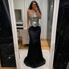 Luxury Silver Mirror Beaded Peplum Mermaid Evening Dress LA73868A