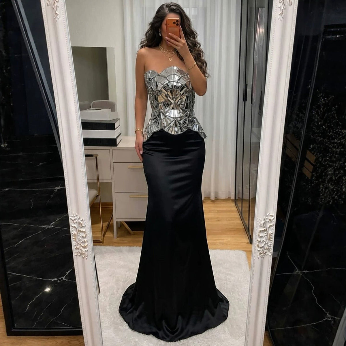 Luxury Silver Mirror Beaded Peplum Mermaid Evening Dress LA73868A