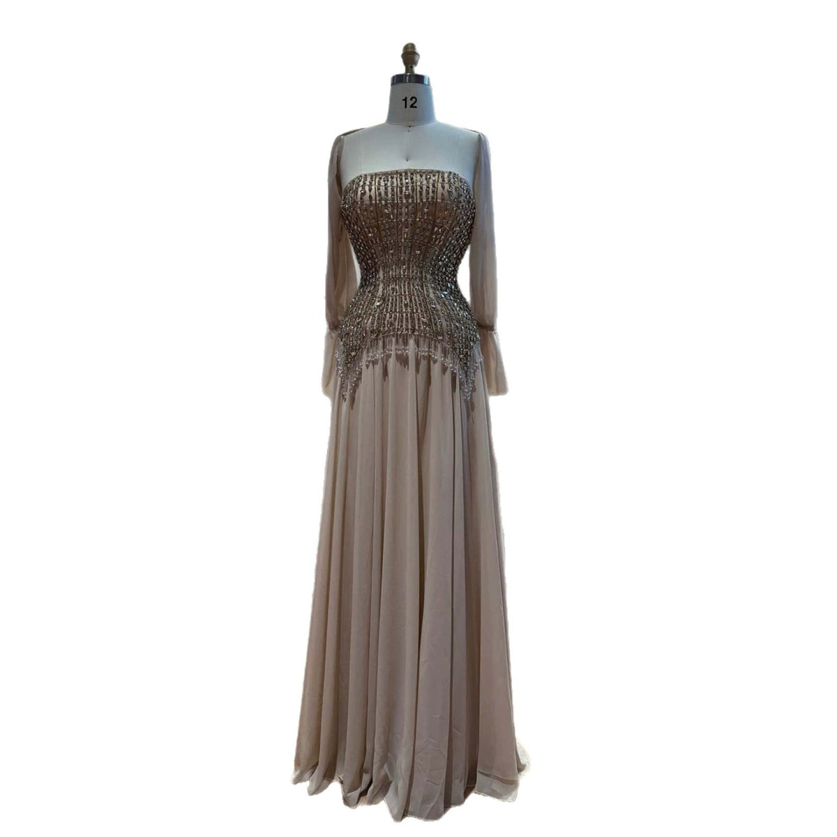Luxury Nude Crystal Beaded Tassels Chiffon Evening Dress CLA73871