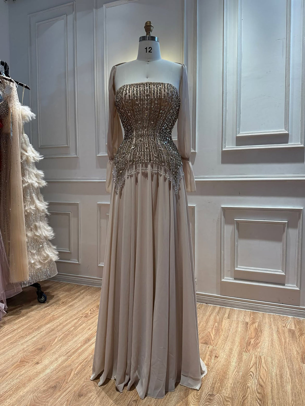 Luxury Nude Crystal Beaded Tassels Chiffon Evening Dress CLA73871