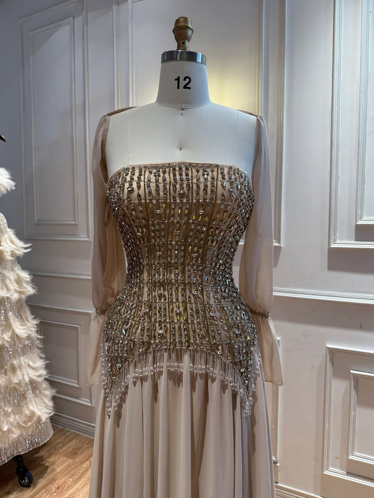 Luxury Nude Crystal Beaded Tassels Chiffon Evening Dress CLA73871