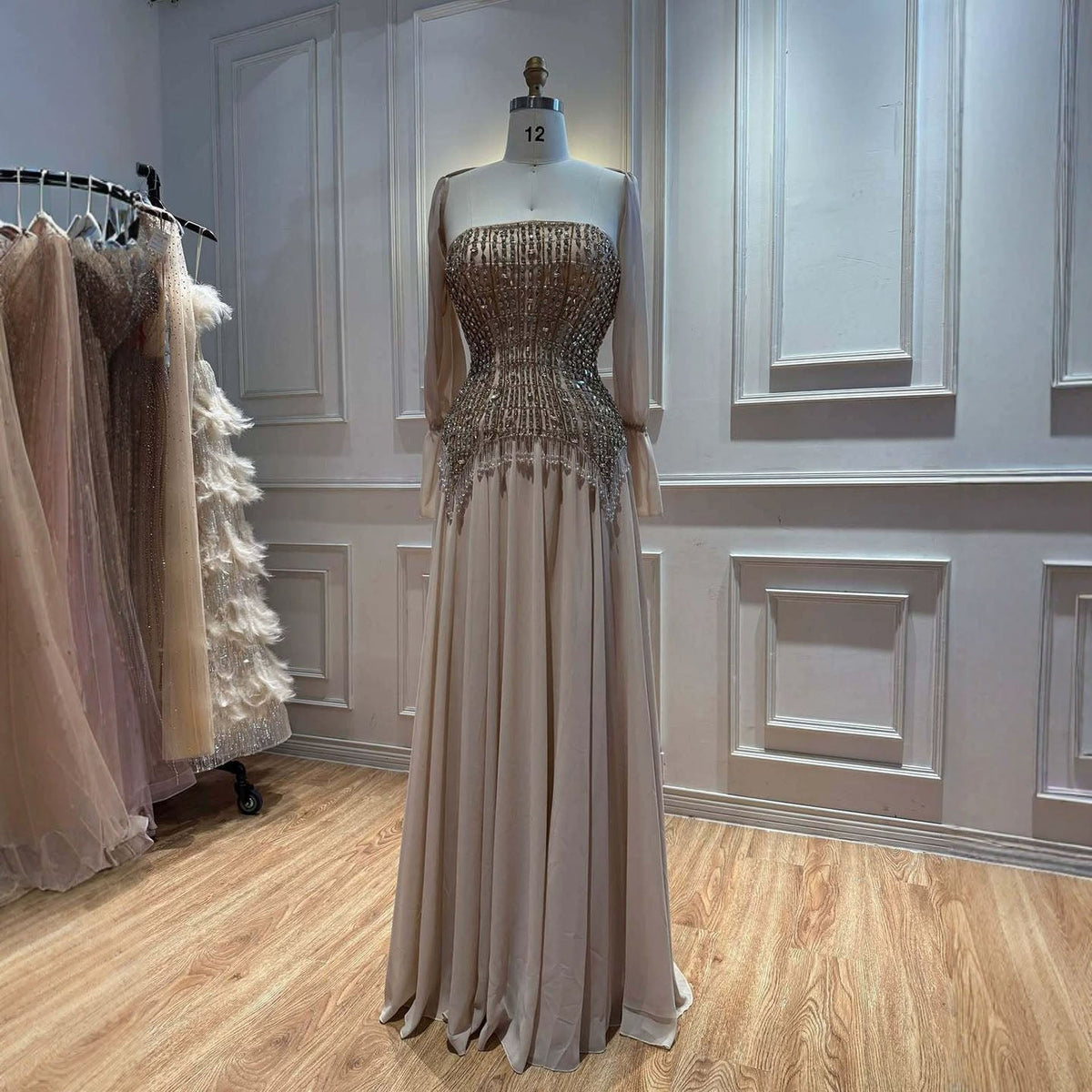 Luxury Nude Crystal Beaded Tassels Chiffon Evening Dress CLA73871