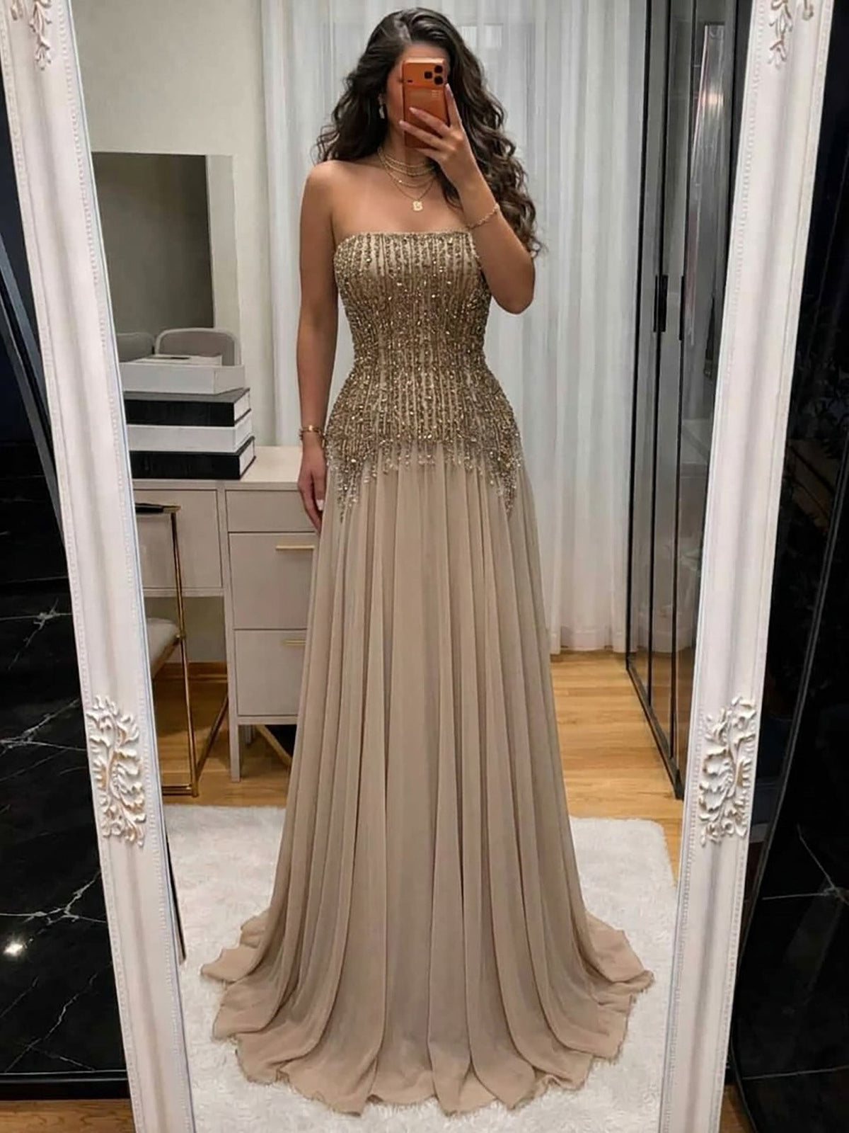 Luxury Nude Crystal Beaded Tassels Chiffon Evening Dress CLA73871