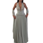 Luxury Sage Green Halter Crystal Beaded A-Line Evening Dress LA73872