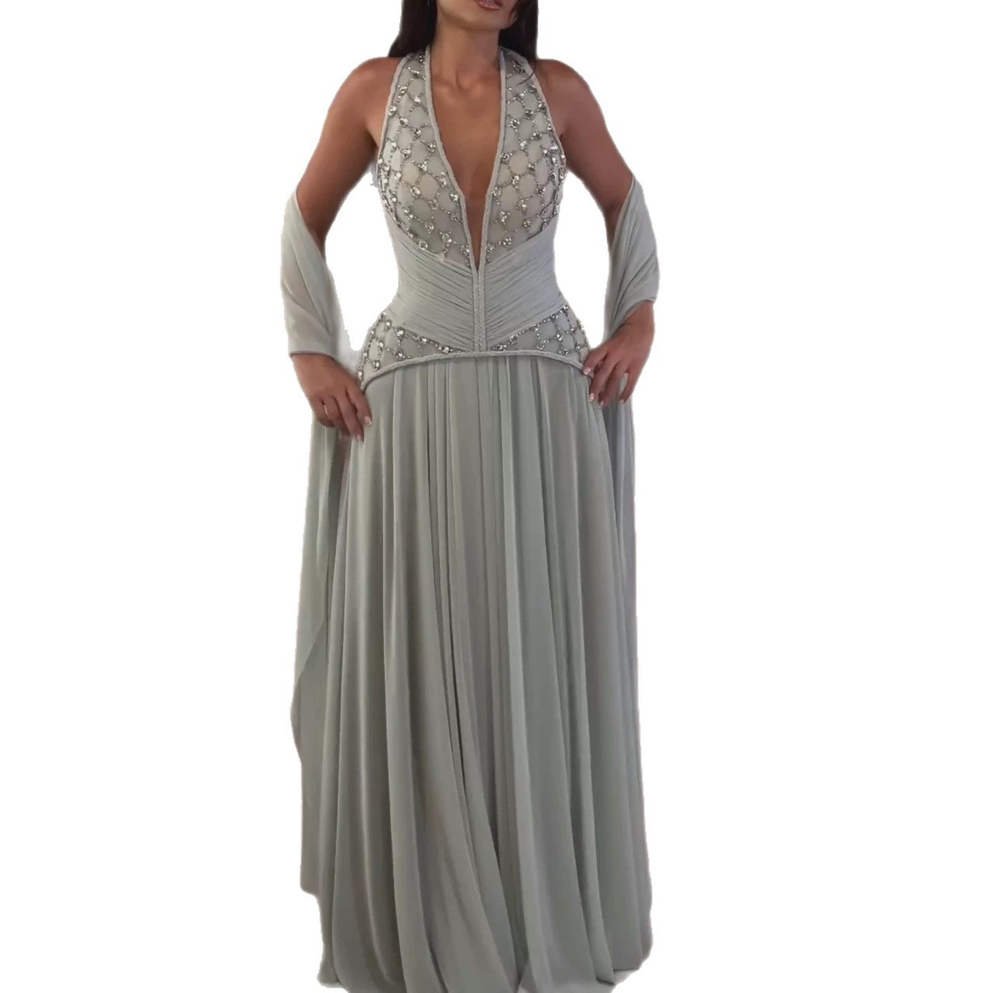 Luxury Sage Green Halter Crystal Beaded A-Line Evening Dress LA73872
