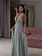 Luxury Sage Green Halter Crystal Beaded A-Line Evening Dress LA73872
