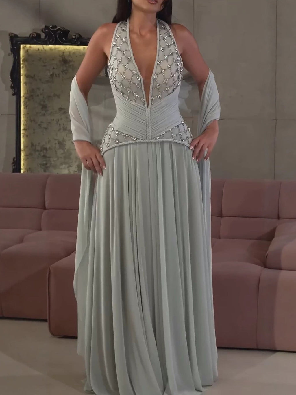 Luxury Sage Green Halter Crystal Beaded A-Line Evening Dress LA73872