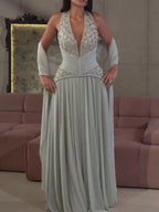 Luxury Sage Green Halter Crystal Beaded A-Line Evening Dress LA73872