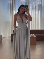 Luxury Sage Green Halter Crystal Beaded A-Line Evening Dress LA73872