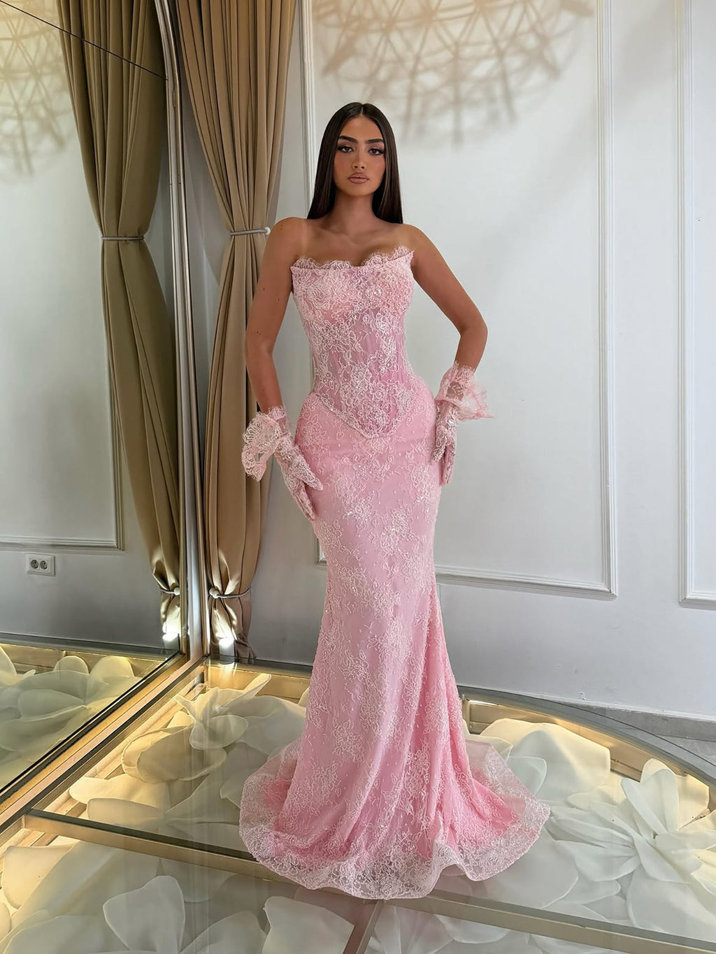 Luxury Pink Lace Beaded Strapless Mermaid Evening Dress LA73875