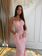 Luxury Pink Lace Beaded Strapless Mermaid Evening Dress LA73875