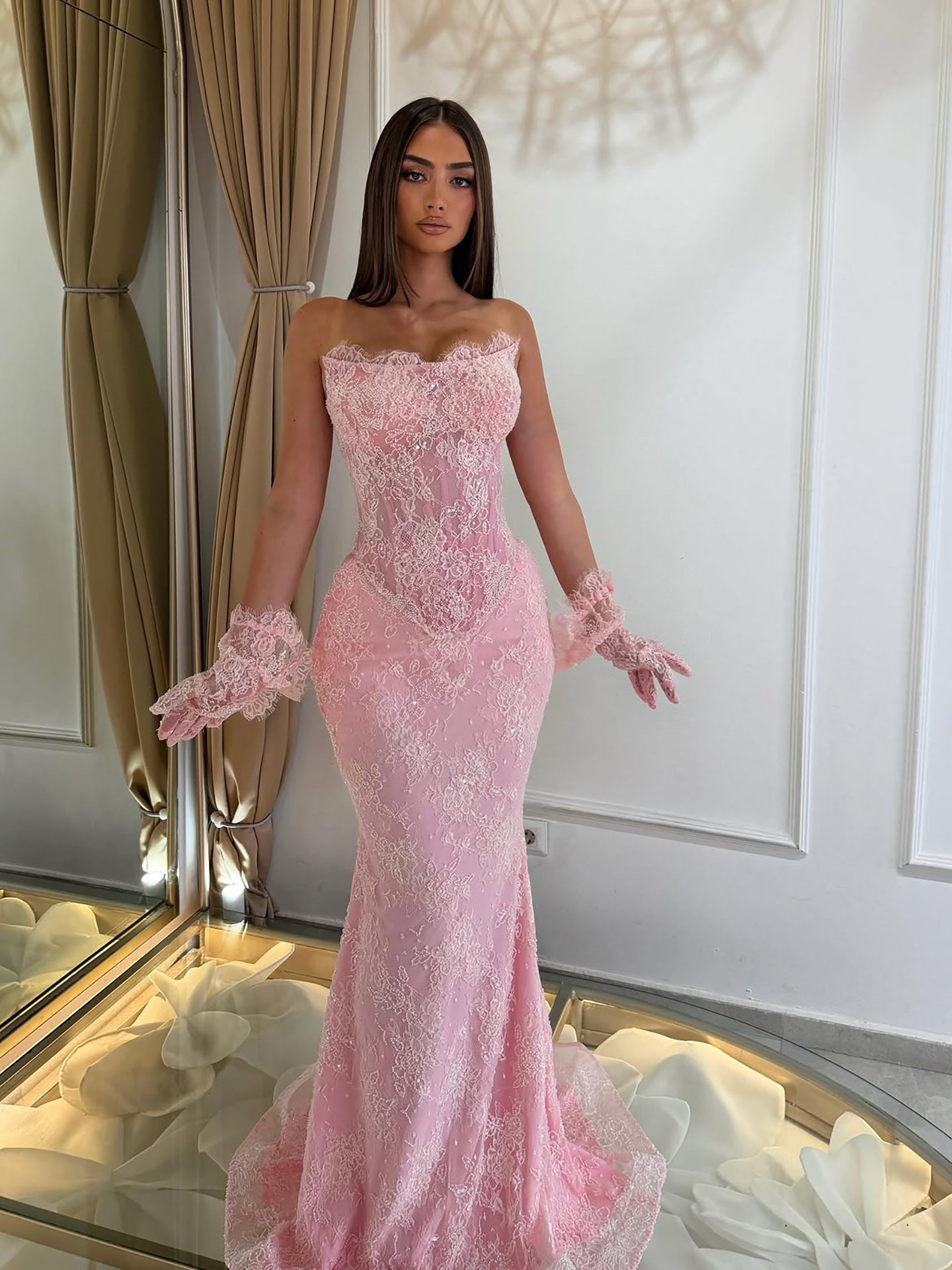 Luxury Pink Lace Beaded Strapless Mermaid Evening Dress LA73875