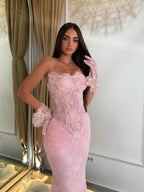 Luxury Pink Lace Beaded Strapless Mermaid Evening Dress LA73875