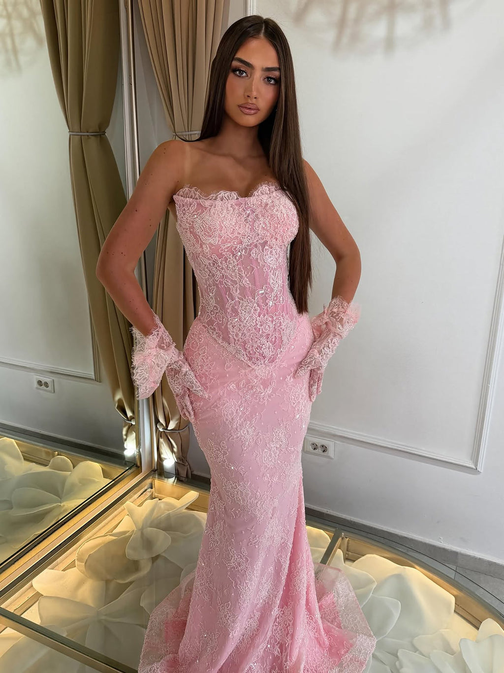 Luxury Pink Lace Beaded Strapless Mermaid Evening Dress LA73875