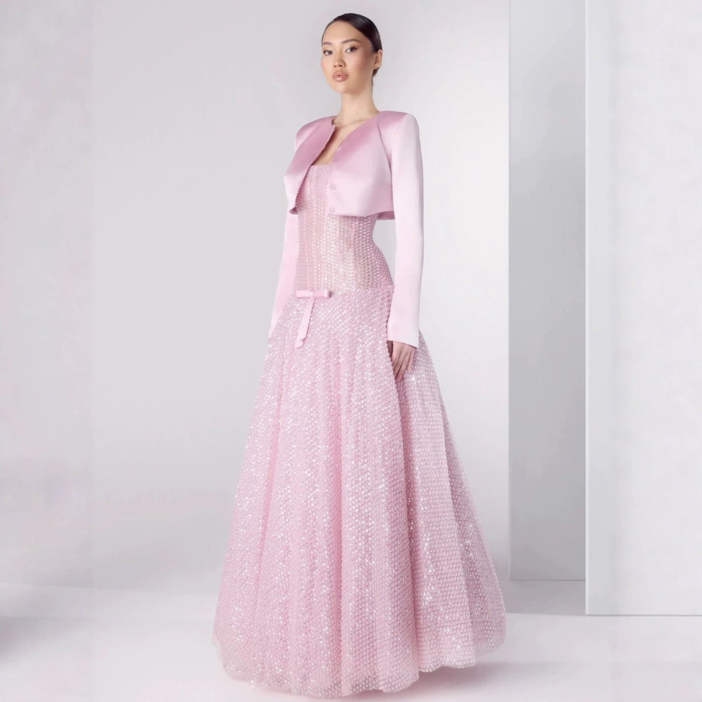 Luxury Pink Beaded Strapless A Line Evening Dress with Jacket LA73876