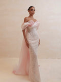 Luxury Pink Off the Shoulder Beaded Mermaid Evening Dress LA73877